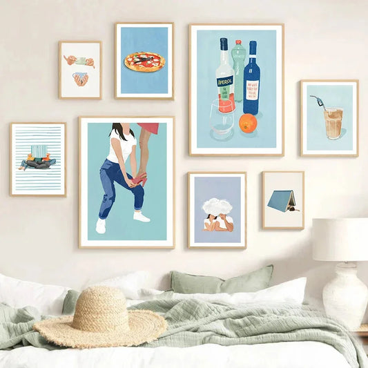 Girl Book Pizza Juice Vegetable Kitchen Posters And Prints Canvas Painting Nordic Wall Art Pictures For Living Room Home Deco Peaceful Pleasures Health and Wellness