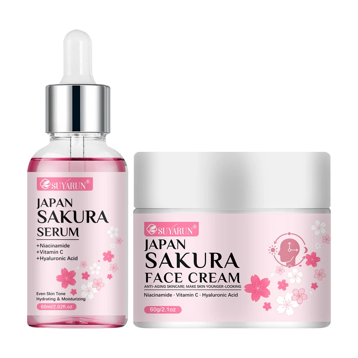SUYARUN Cherry Blossom Skincare Set - Moisturizing Cream & Serum, Gentle Fragrant Formula, Perfect Travel Gift. Peaceful Pleasures Health and Wellness 60g-60ml