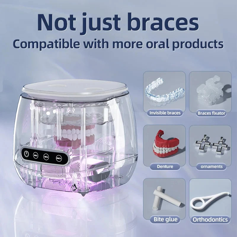 Portable 48KHZ Ultrasonic Denture Cleaner UV Sanitizer Retainer Aligner Cleaning Machine 200ml Travel Braces Pods Jewelry Peaceful Pleasures Health and Wellness