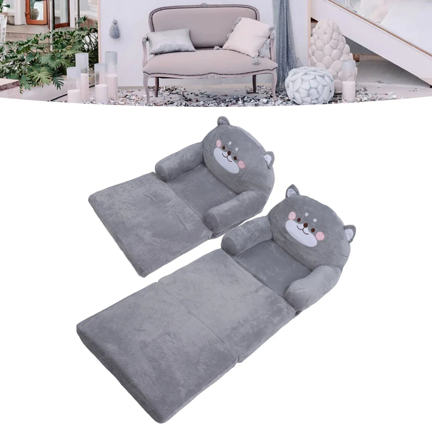Toddler Chair Gray Dog Cartoon Soft Breathable Kids Sofa Foldable Design Easy To Clean for Sleeping Peaceful Pleasures Health and Wellness