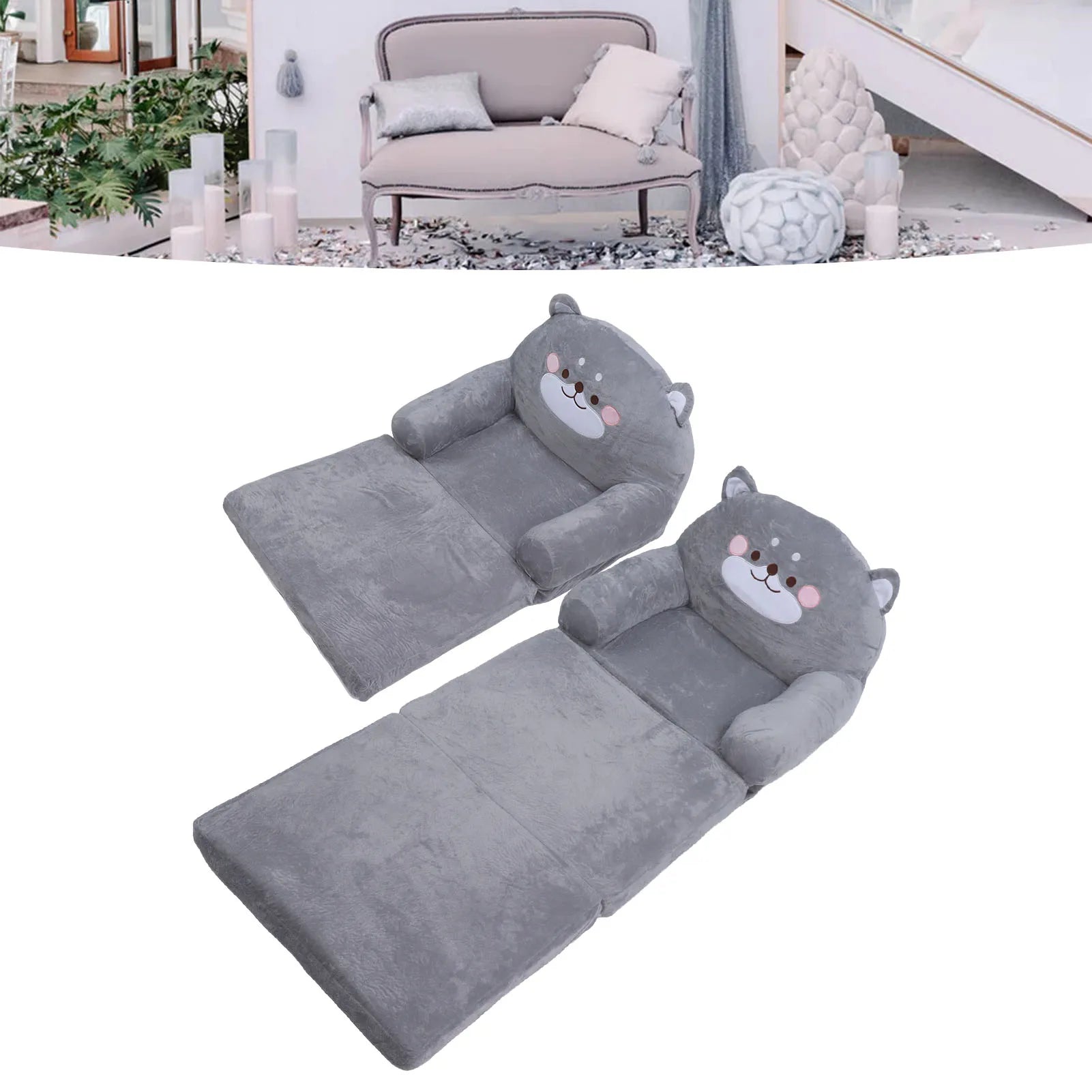 Toddler Chair Gray Dog Cartoon Soft Breathable Kids Sofa Foldable Design Easy To Clean for Sleeping Peaceful Pleasures Health and Wellness