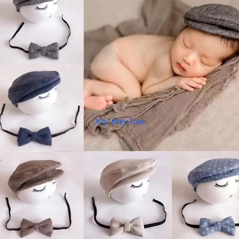 Newborn Baby Beanie Hat & Bow Tie Photography Props Set