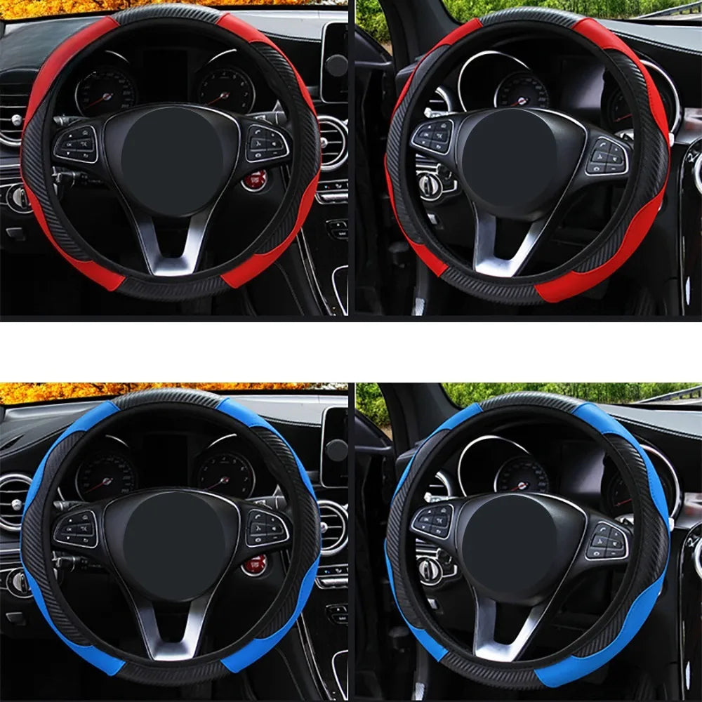 37-38cm Carbon Fiber PU Leather Steering Wheel Cover Anti-Slip
