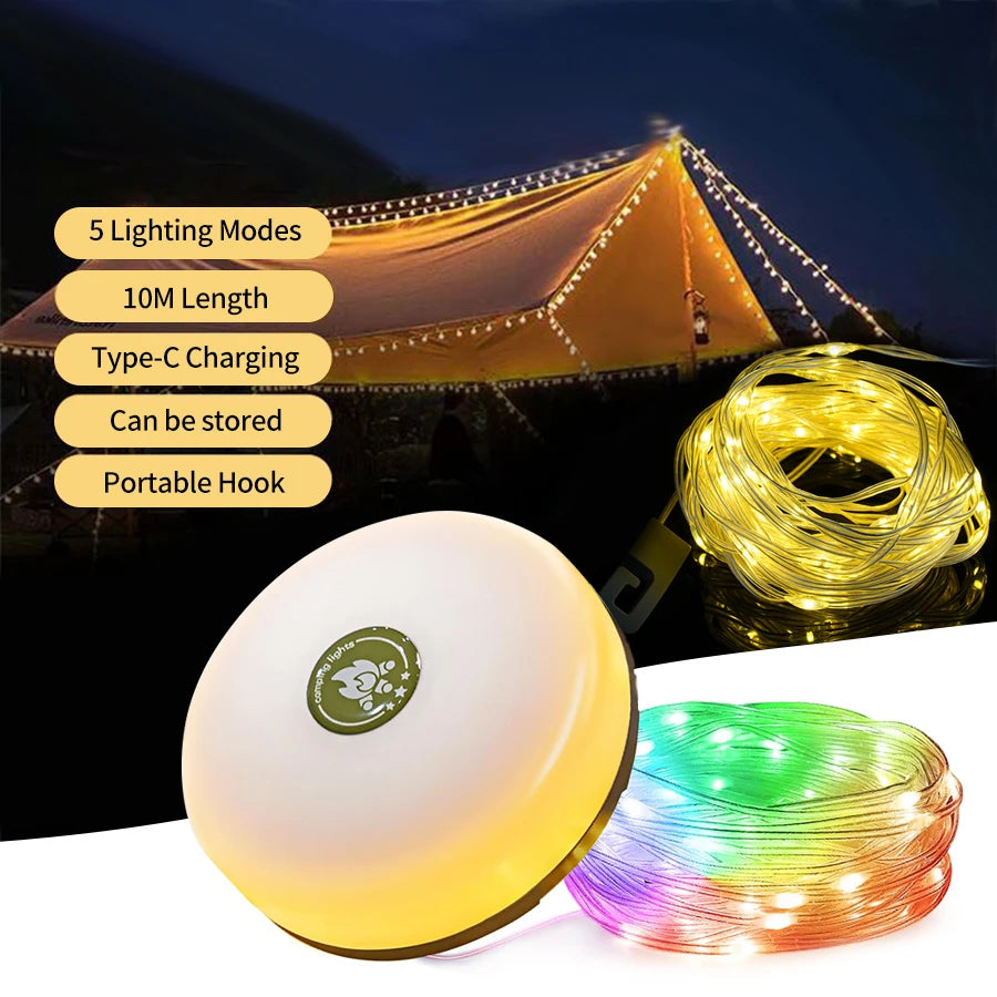 Rechargeable Portable Lantern Camping Light 10m LED String Lights Outdoor Tent Light with Hook XTE LED Flashlight Holiday Decor Peaceful Pleasures Health and Wellness