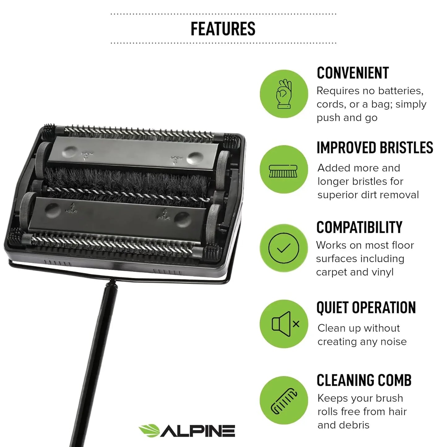 Cordless Manual Carpet Sweeper with Triple Brush for Multi-Surface Floors - Easy Cleaning on Hardwood and Carpets Peaceful Pleasures Health and Wellness