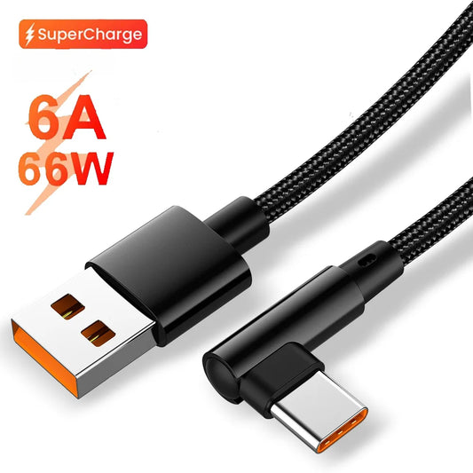 66W 90° USB-C Fast Charging Cable | 6A Nylon Braided 0.25–3M USB-C Charging Cable Peaceful Pleasures Health and Wellness