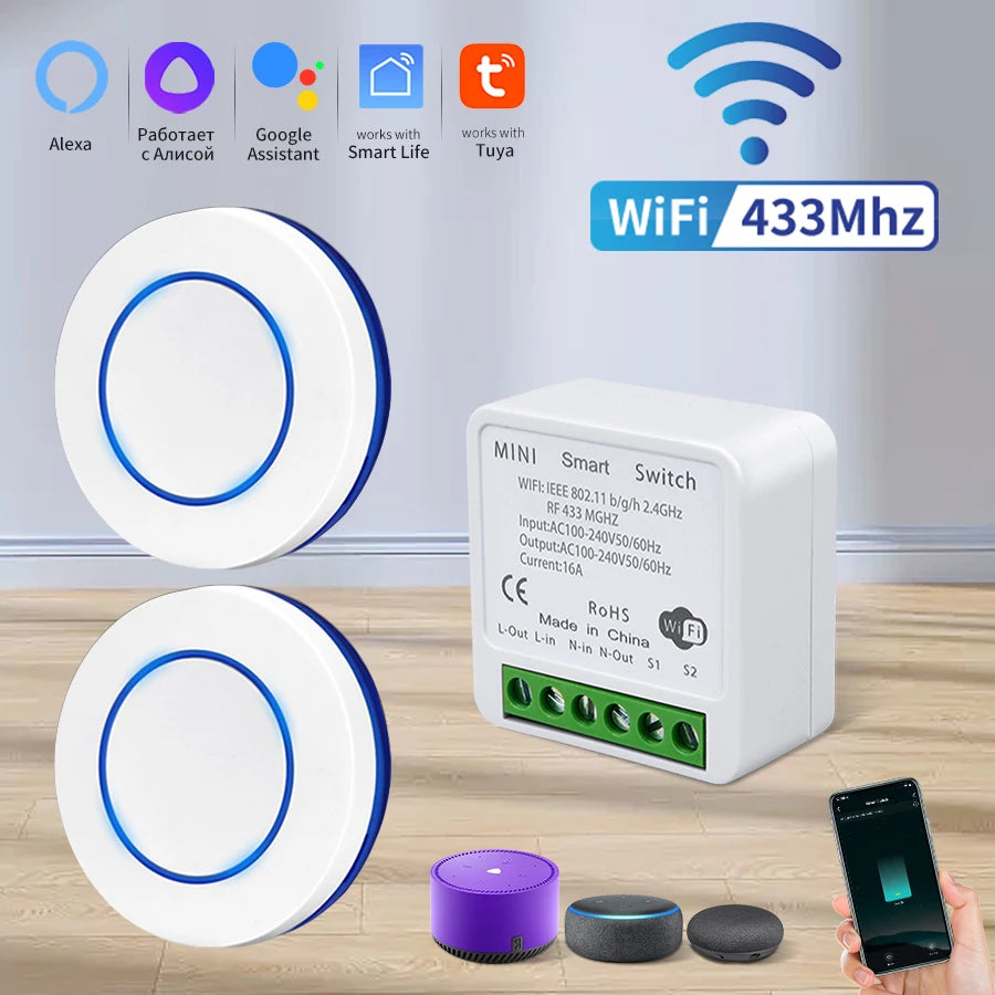 16A Tuya WiFi Smart Switch Module Smart Life APP Control Works with Alexa Google Home Wireless RF 433MHz Round Button Remote Peaceful Pleasures Health and Wellness