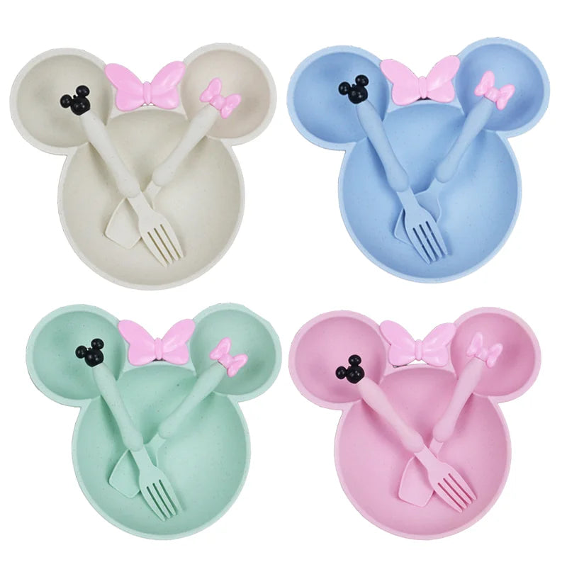 3Pcs Set Lovely Mickey Cartoon Baby Tableware Set Wheat Straw Kids Anti Drop Dinner Plate Bowl Spoon Fork for Baby Girl and Boy Peaceful Pleasures Health and Wellness Random color 1pc