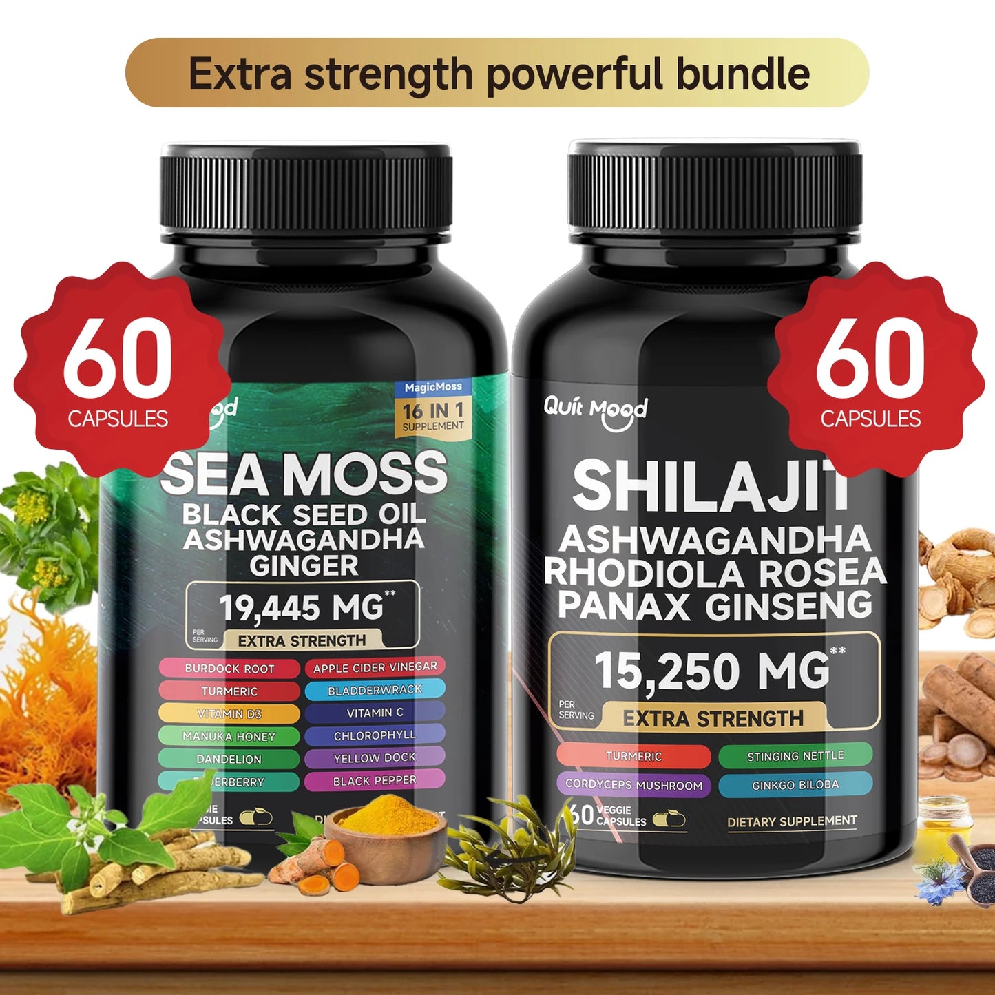 Quitmood Sea Moss Shilajit Energy Bundle for Man & Women, with Black Seed Oil, Ashwagandha, Ginger, Burdock Root, Turmeric Peaceful Pleasures Health and Wellness