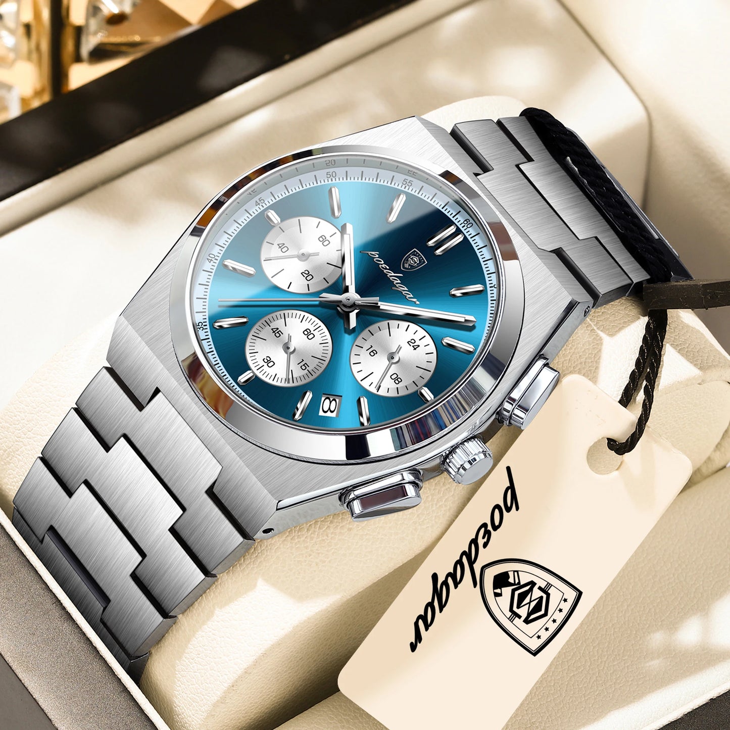 POEDAGAR Top Business Men's Watch Chronograph Date Stainless Steel Classic Man Clock Waterproof Luminous Quartz Watches For Men Peaceful Pleasures Health and Wellness Silver Blue White China Mainland