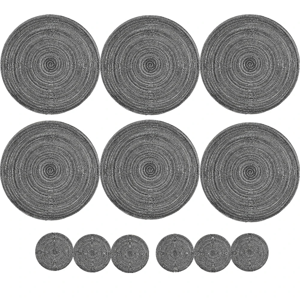Set of 6 Round Braided Table Mat Washable Placemats Non Slip Heat Resistant for Kitchen Dining Tables Pad With 6Pc Cup Coasters Peaceful Pleasures Health and Wellness Cotton 33.5cm Gray 12 Mats 12 Coaster