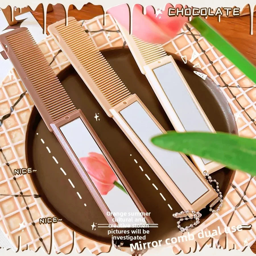 Chocolate Folding Mirror Comb High Appearance Level Cute and Girlish Small Folding Mirror Comb for Girl Portable Integrated Comb Peaceful Pleasures Health and Wellness