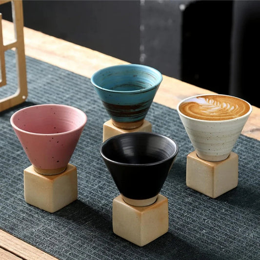 100ml Coarse Pottery Coffee Mugs, Japanese Style Ceramic Tea Cups Triangular Cone Shape Porcelain Retro Mug with Square Base Peaceful Pleasures Health and Wellness