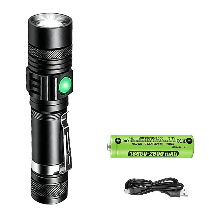 T6 LED Zoomable Rechargeable Flashlight | Headlamp & Pen Clip