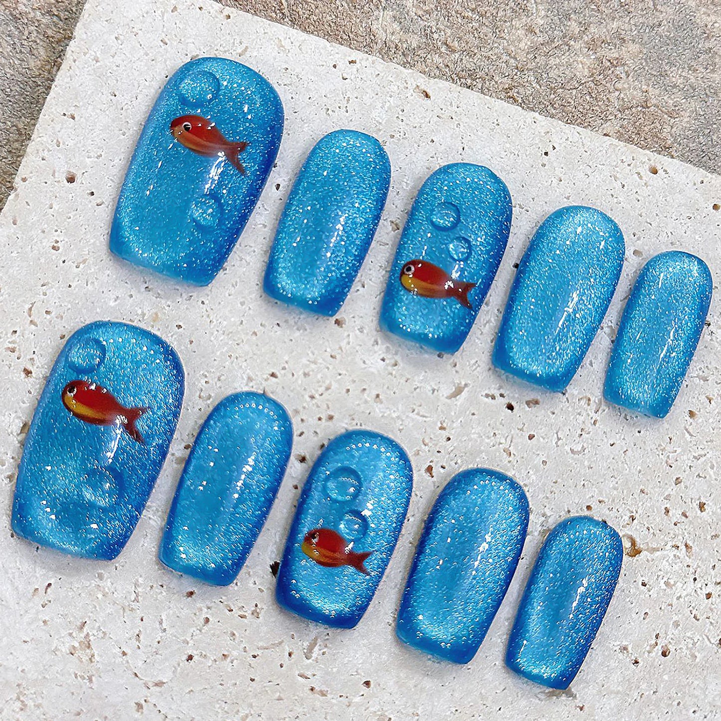 Goldfish Press On Nails – Blue Cat Eye Short Ballet False Nails
