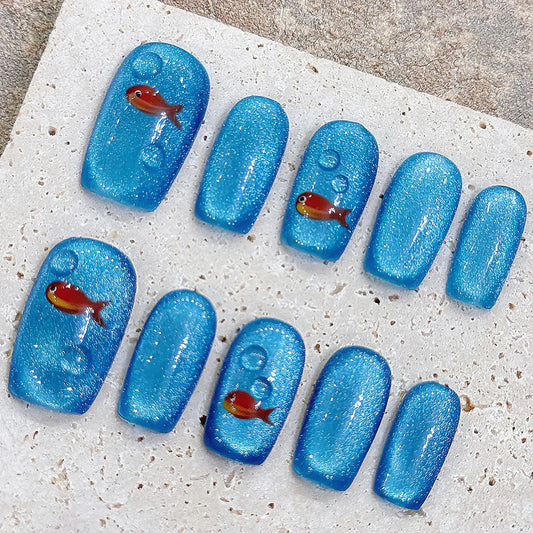 Goldfish Press On Nails – Blue Cat Eye Short Ballet False Nails Press On Nails Peaceful Pleasures Health and Wellness