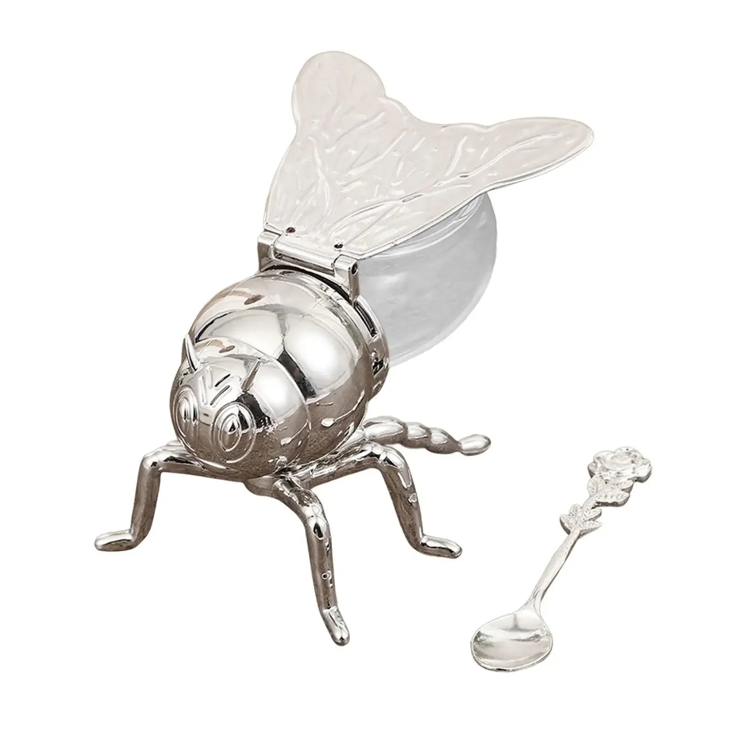 Creative cartoon Bee Shaped Seasoning Jar Honey Pot with Spoon for Kitchen Decor Festive Parties condiments oil Storage Holder Peaceful Pleasures Health and Wellness silvery