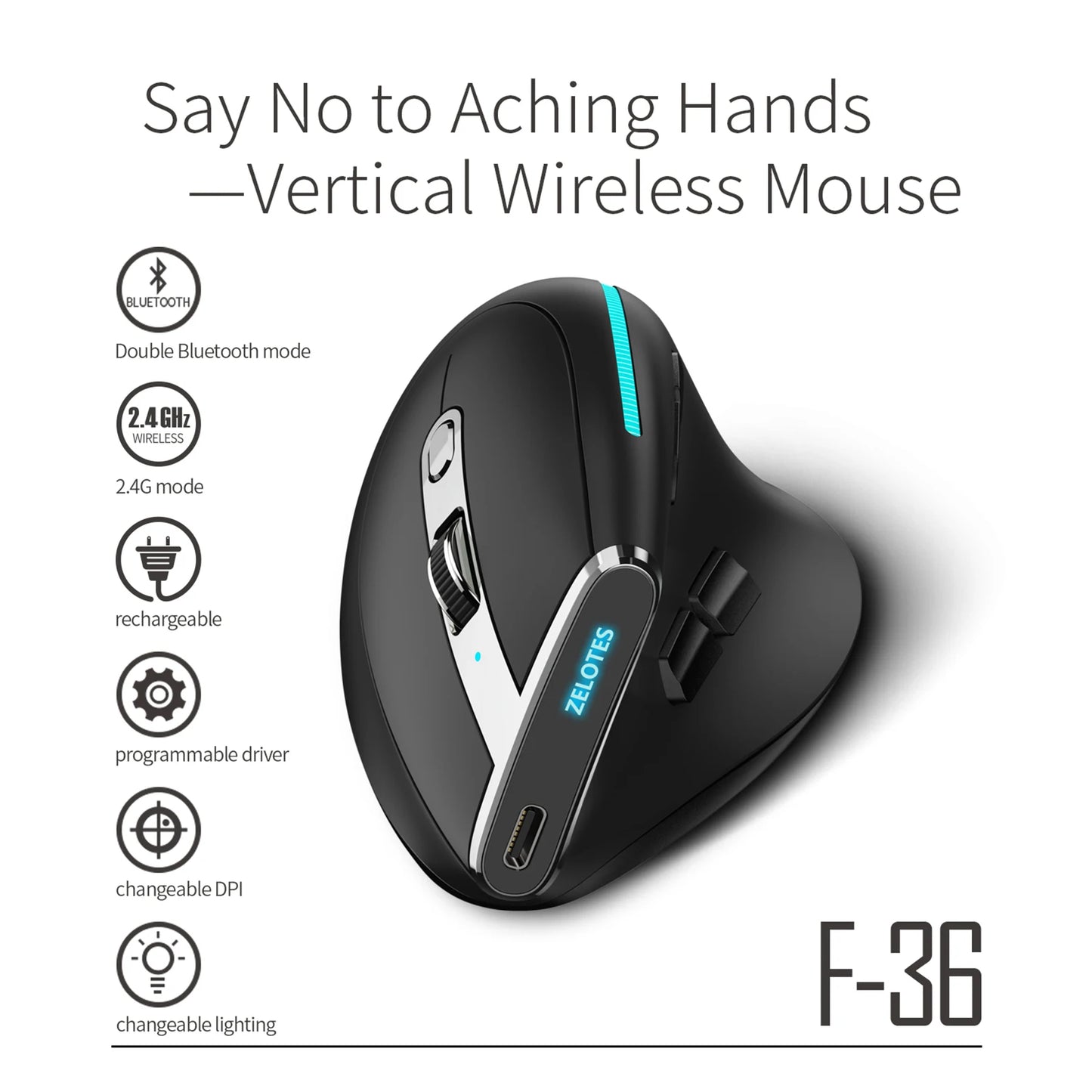 ZELOTES F-36 Ergonomic Wireless Vertical Mouse | RGB, 8 Keys