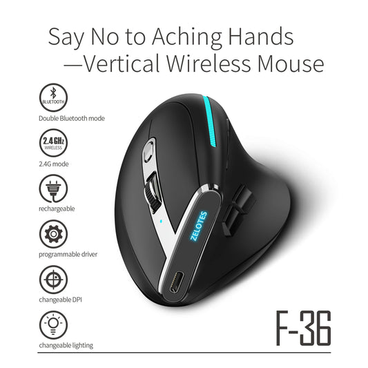 ZELOTES F-36 Ergonomic Wireless Vertical Mouse | RGB, 8 Keys Wireless Ergonomic Mouse Peaceful Pleasures Health and Wellness Default Title