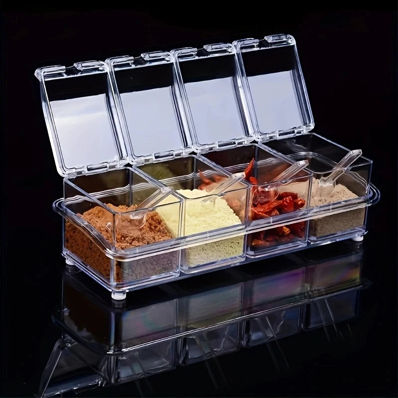 4-Cell Clear Acrylic Spice Box with Lids & Spoons