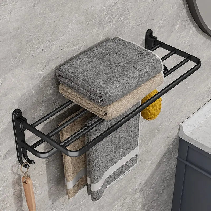 Matte Black Folding Towel Rack 50CM Double Bar Wall Mount + Hook