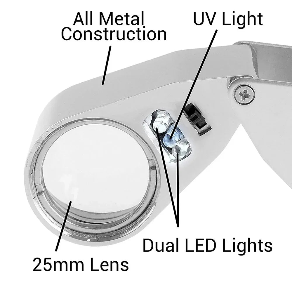 40X Magnifying Glass with LED UV Light Optical Glass Lens Metal Body for Gemstone Identification and PCB Inspection Peaceful Pleasures Health and Wellness