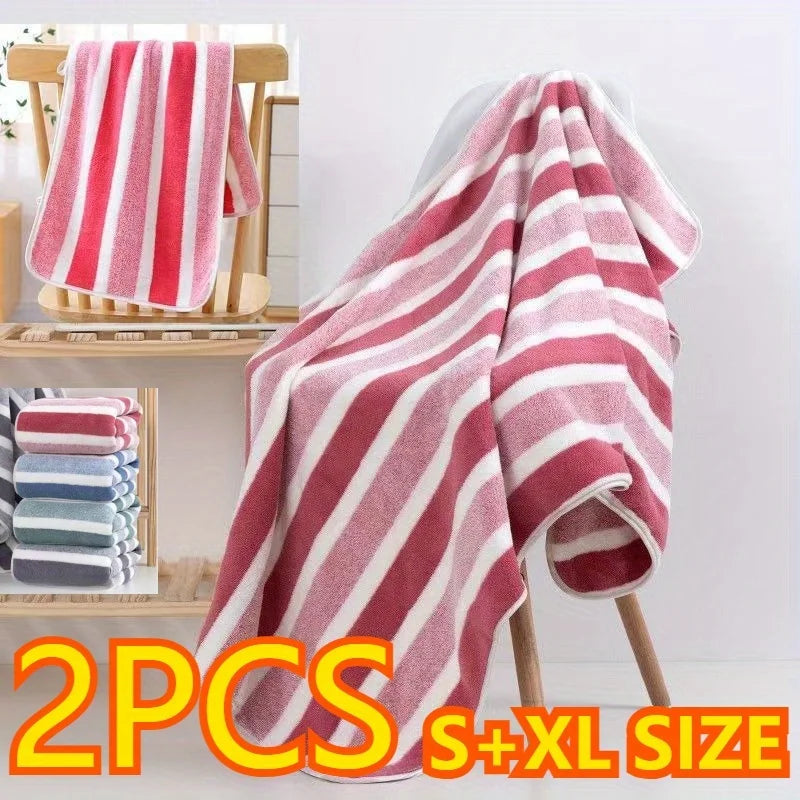 2-Pack Quick-Dry Striped Bath & Hand Towel Set | Soft & Absorbent