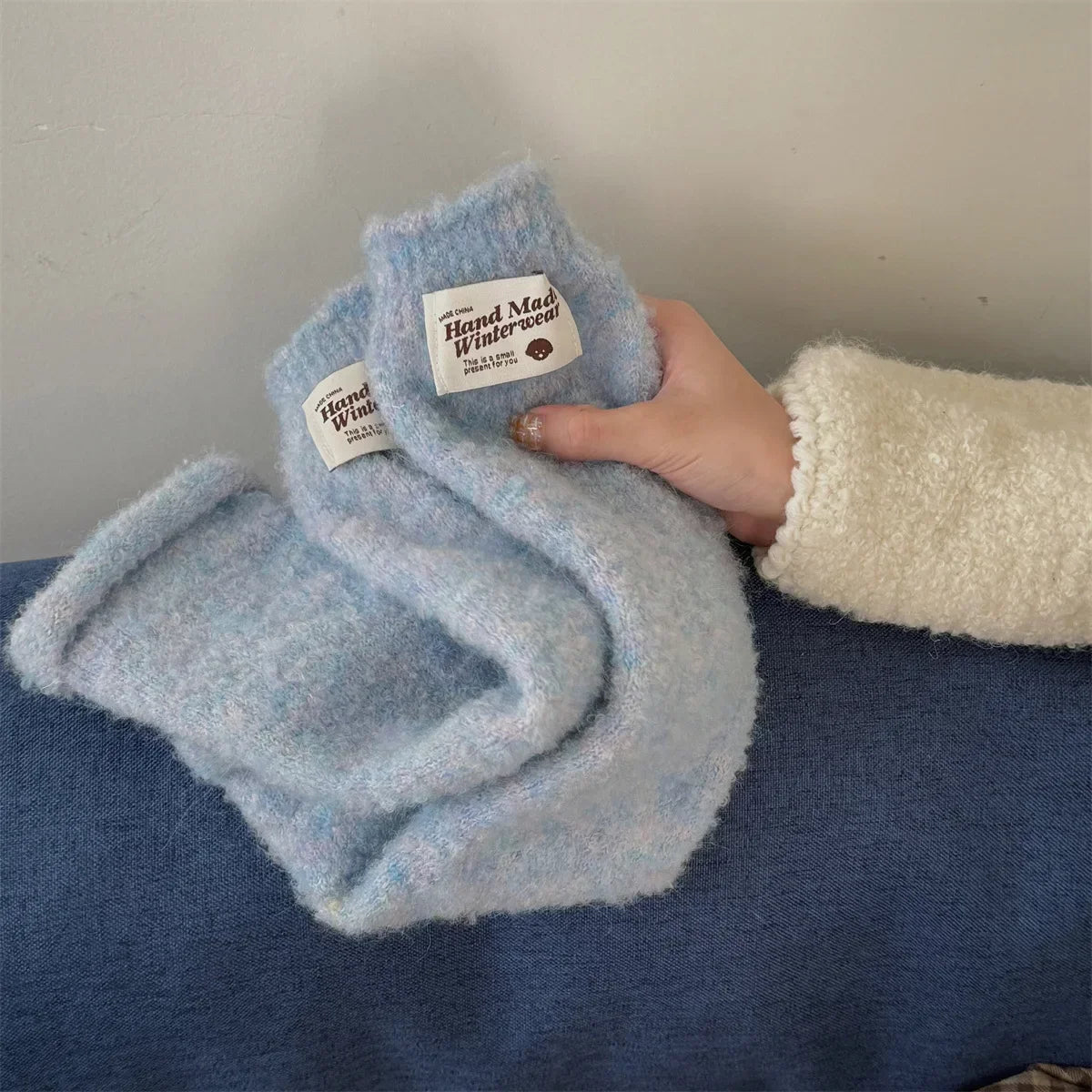 New Korean Style Sweet Cotton Ankle Sock with Marshmallow Patch Thick Warm Slouch Socks for Autumn Winter Fashionable Leg Warmer Peaceful Pleasures Health and Wellness Light Blue One Size