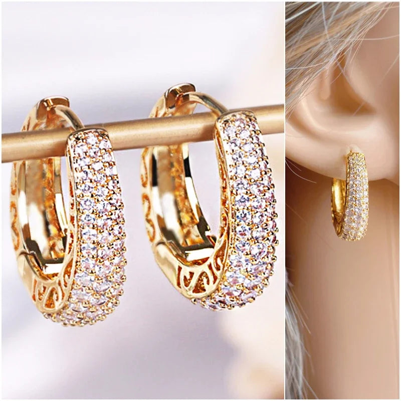Hollow Gold Color Hoop Earrings for Women Paved Dazzling CZ Stone Luxury Trendy Female Circle Earrings Statement Jewelry Peaceful Pleasures Health and Wellness