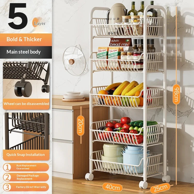 Sturdy Heavy Duty Space Saving Multilayer Kitchen Vegetable Fruit Storage Rack Rolling Cart with Baskets for Home Pantry Peaceful Pleasures Health and Wellness White 5 Layer