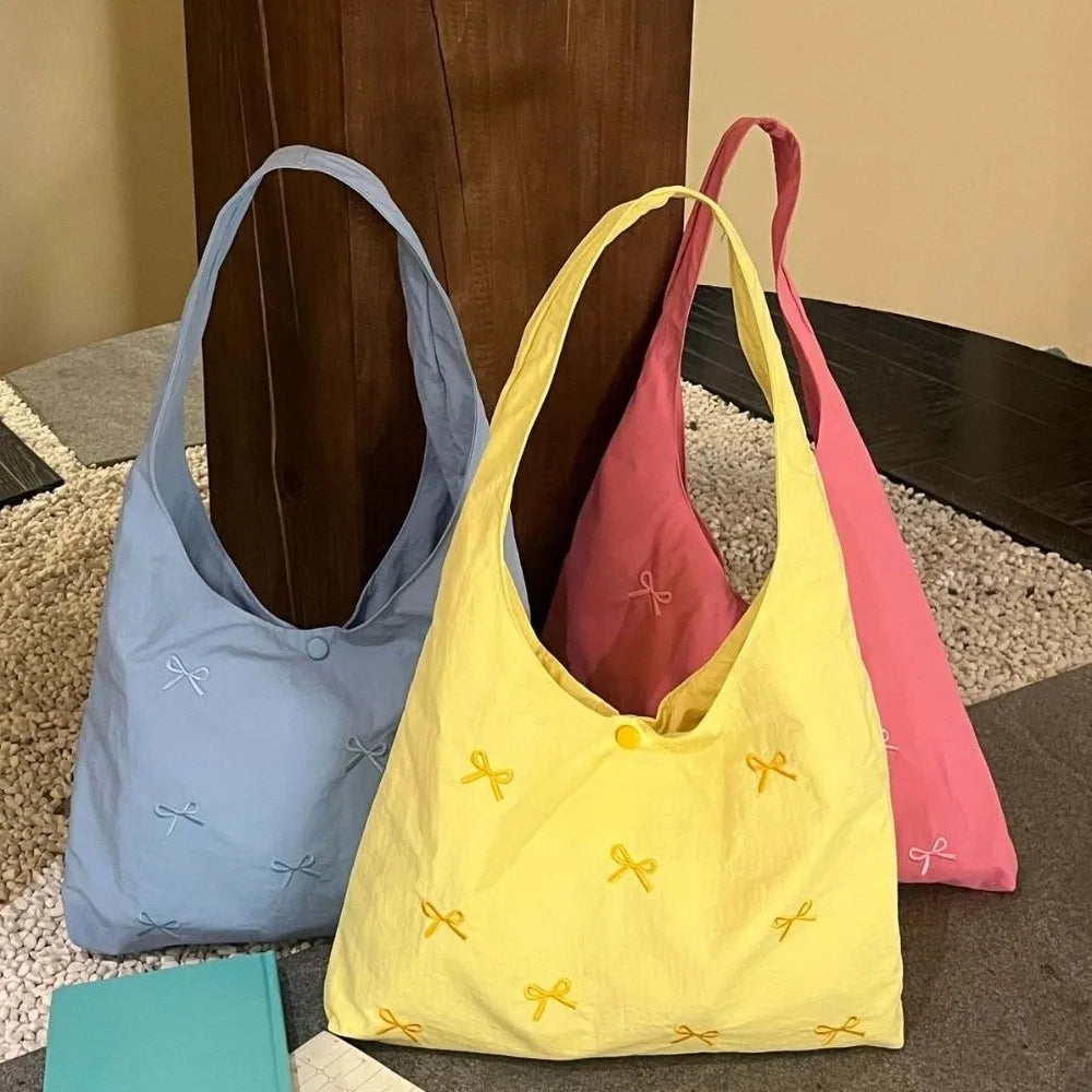 Bowknot Embroidered Canvas Tote Bag | Large Shoulder Handbag Canvas Tote Bag Peaceful Pleasures Health and Wellness