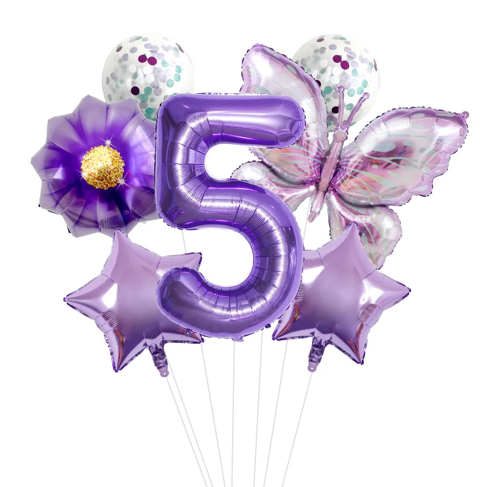 Purple Butterfly Flower 32 Inch Digital Aluminum Film Balloon Set for Children's Birthday Party Decoration Scene Arrangement Peaceful Pleasures Health and Wellness Number 5 32inch