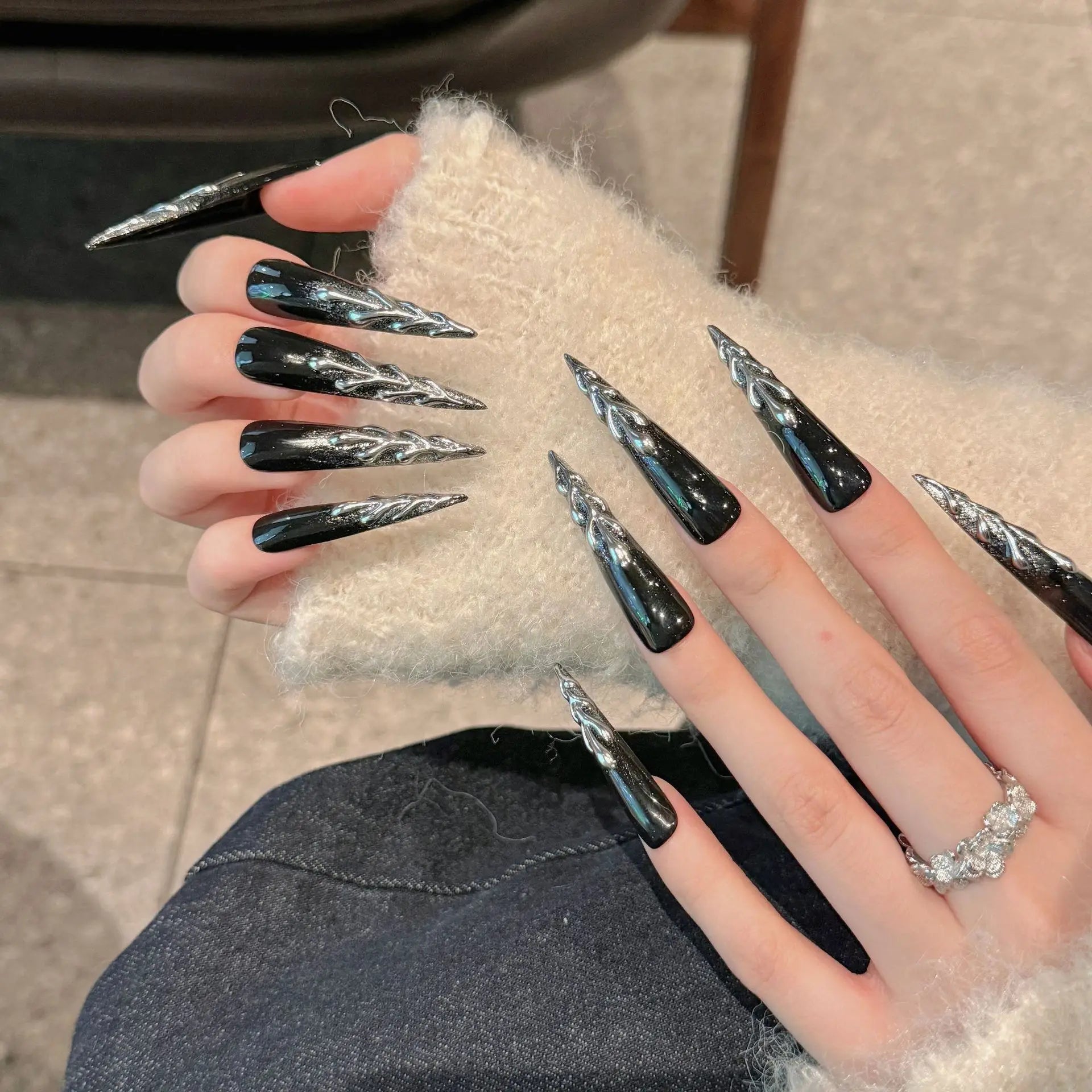 10pcs Handmade Gothic Punk Press on Nails Dark Metal Long Pointed Fake Nails for Women Girl Wearable Spice Girl False Nail Tips Peaceful Pleasures Health and Wellness