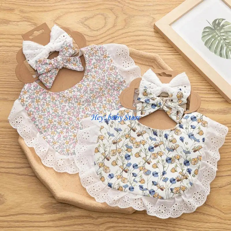 Baby Teething Drool Bib with Bowknot Headband – Soft Cotton