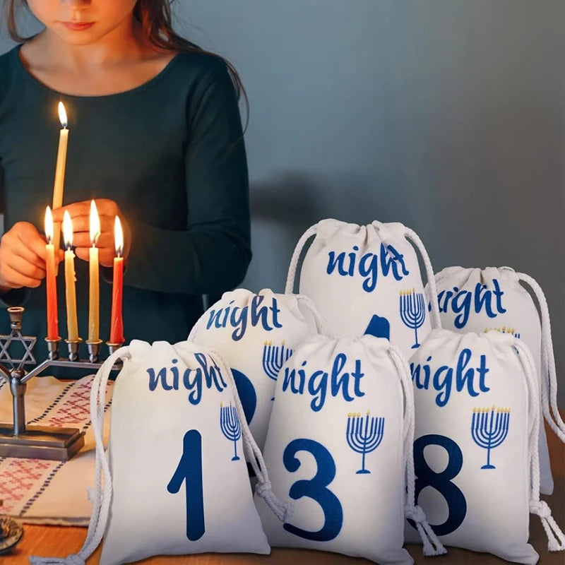 8-Piece Hanukkah Countdown Gift Bags | Candlestick Design Pouches Holiday Gift Bags Peaceful Pleasures Health and Wellness