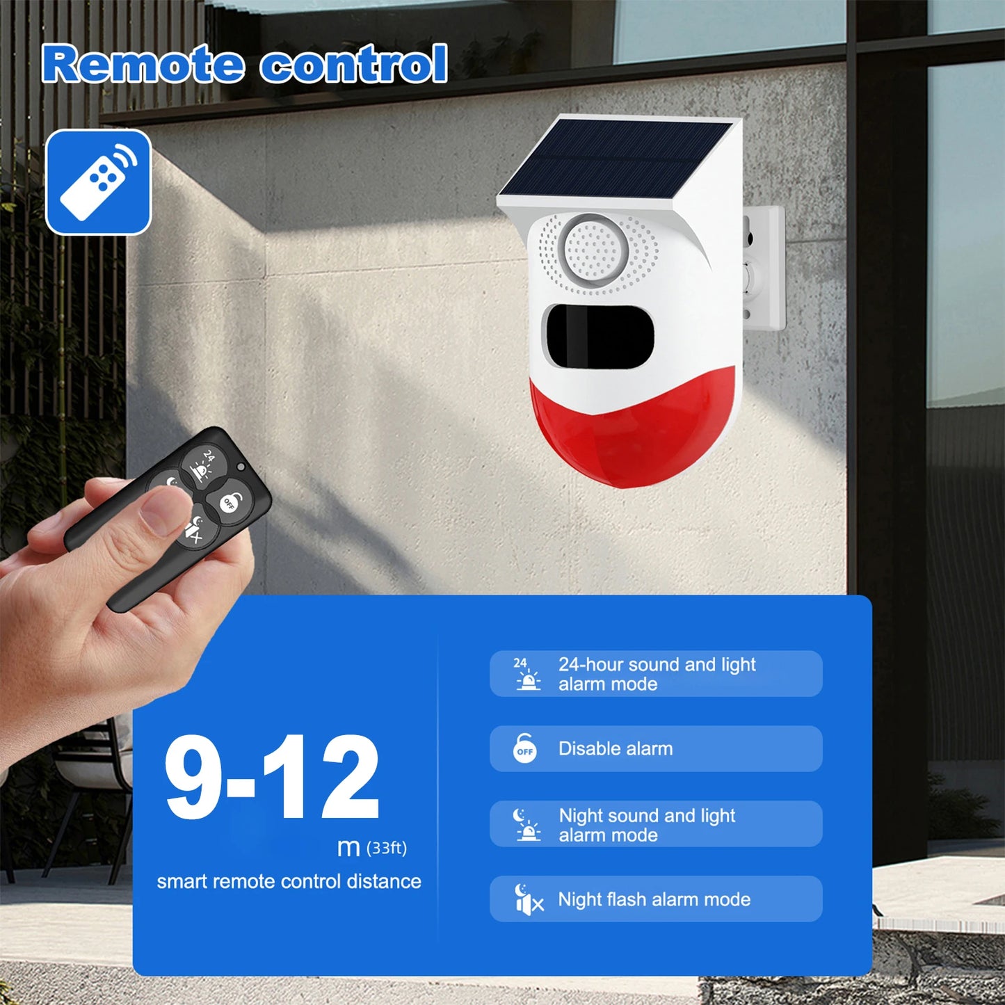 Solar Motion Sensor Alarm 120dB Siren LED Strobe IP65 Outdoor