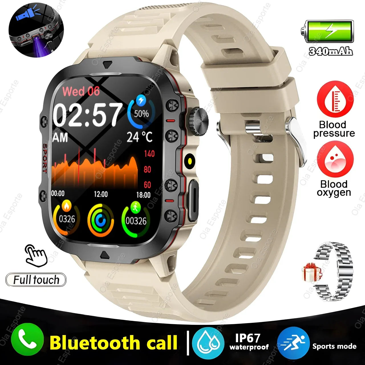 Military GPS Smartwatch LED Flashlight Bluetooth IP68 Waterproof