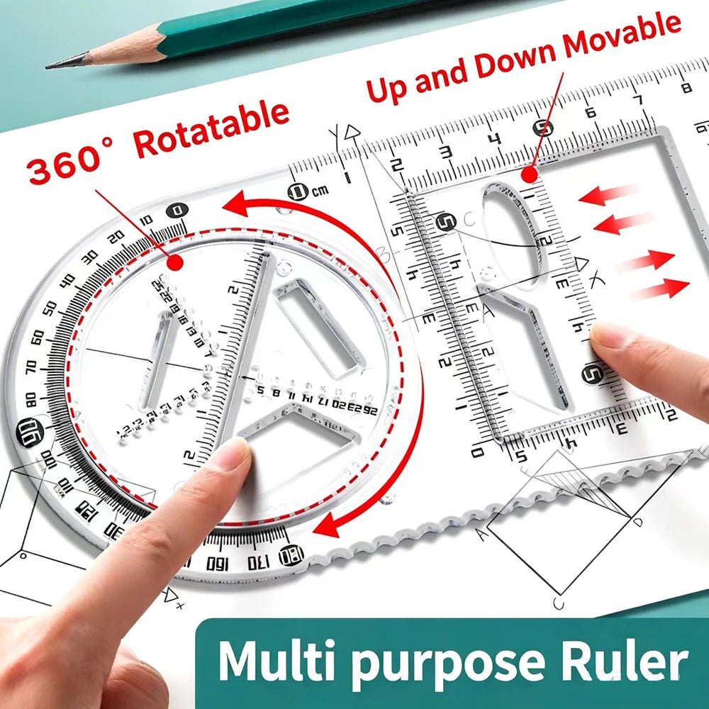Multi Functional Drawing Ruler Student Rotatable Mathematical