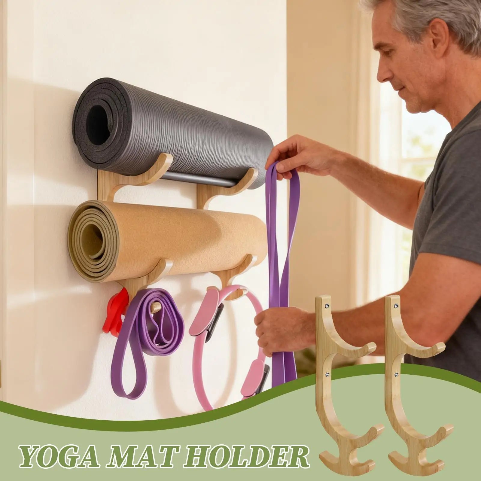 Wall Yoga Mat Holder Wooden Multifunctional With 4-Hook Yoga Mat Rack Wall Mount For Fitness Hoop Resistance Band Jump Ropes Gym Peaceful Pleasures Health and Wellness