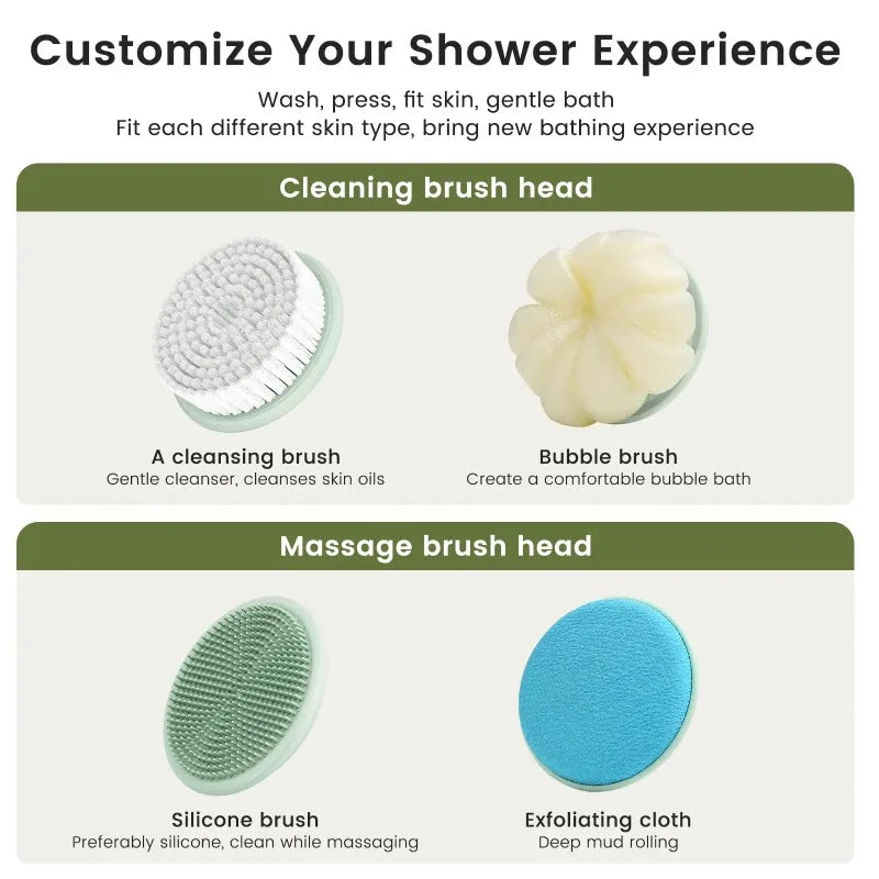 Electric Body Brush 4 Heads Waterproof Long Handle Shower Back Scrubber USB Rechargeable Exfoliating Bath Cleaning Brush Peaceful Pleasures Health and Wellness