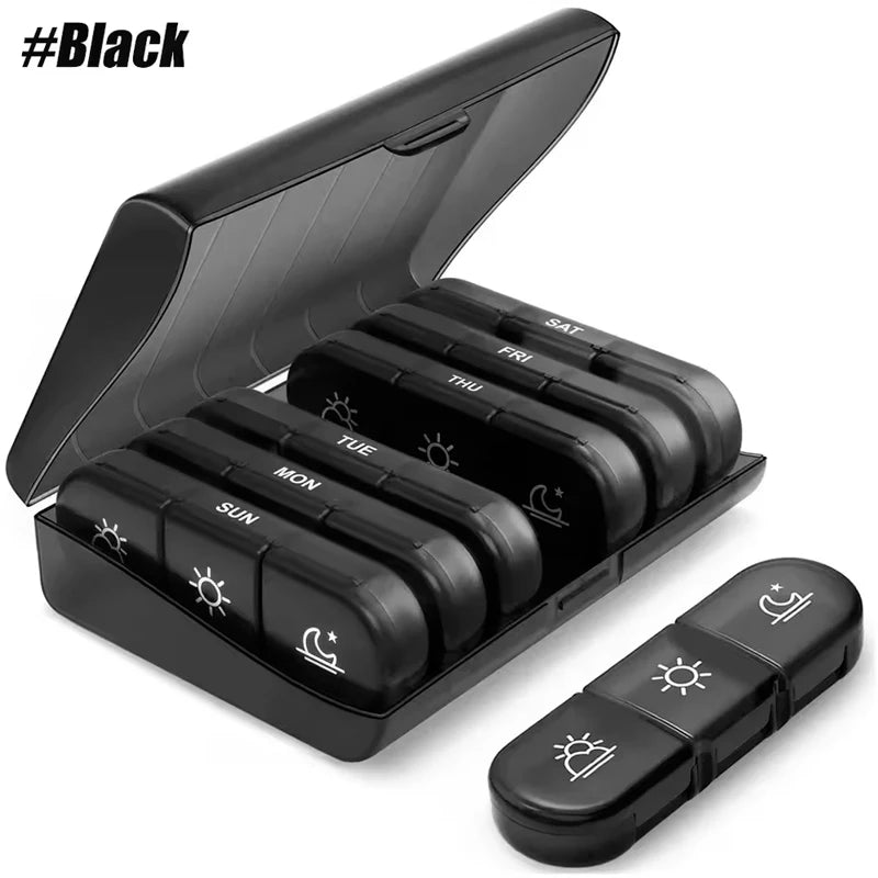 Weekly 7 Days Pill Organizer Portable Medicine Tablet Organizer Storage Boxes First Aid Kit Compartment Pills Case Container Peaceful Pleasures Health and Wellness Black