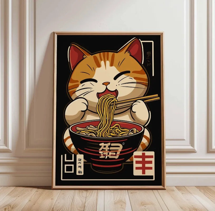 Black Cat Ramen Japanese Food Noodle Ginger Cat Poster Print Wall Art Pictures Canvas Painting Living Room Home Wall Decoration Peaceful Pleasures Health and Wellness