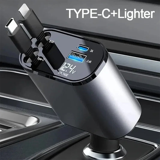 4 in 1 120W Car Charger Retractable Car Cigarette Lighter Adapter USB Type C Fast Charger Cable For IPhone Xiaomi Huawei Samsung Peaceful Pleasures Health and Wellness Black