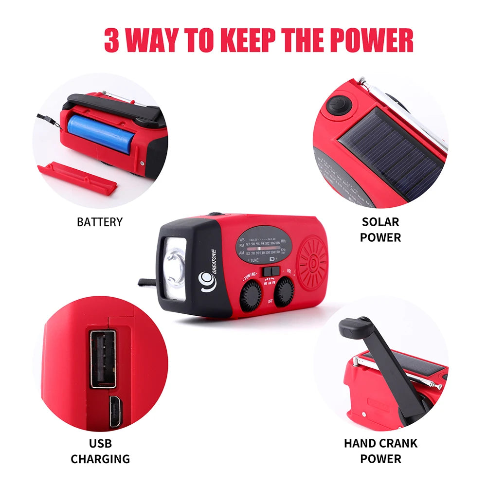 Portable Wind Up Fm Radio Portable Emergency Hand Crank Radio Multi Functional Solar Dynamo AM/FM/NOAA With USB Phone Charger Peaceful Pleasures Health and Wellness
