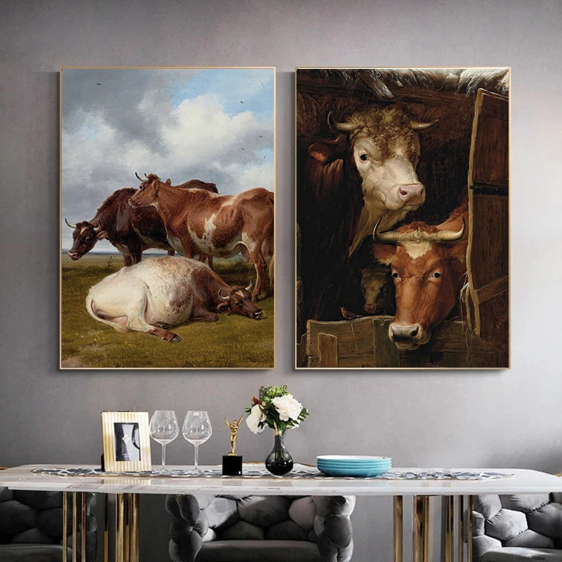 Vintage Rural Antique Animals Poster Cows in The Forest and Pasture Canvas Painting Farmhouse Wall Art Picture Office Home Decor Peaceful Pleasures Health and Wellness