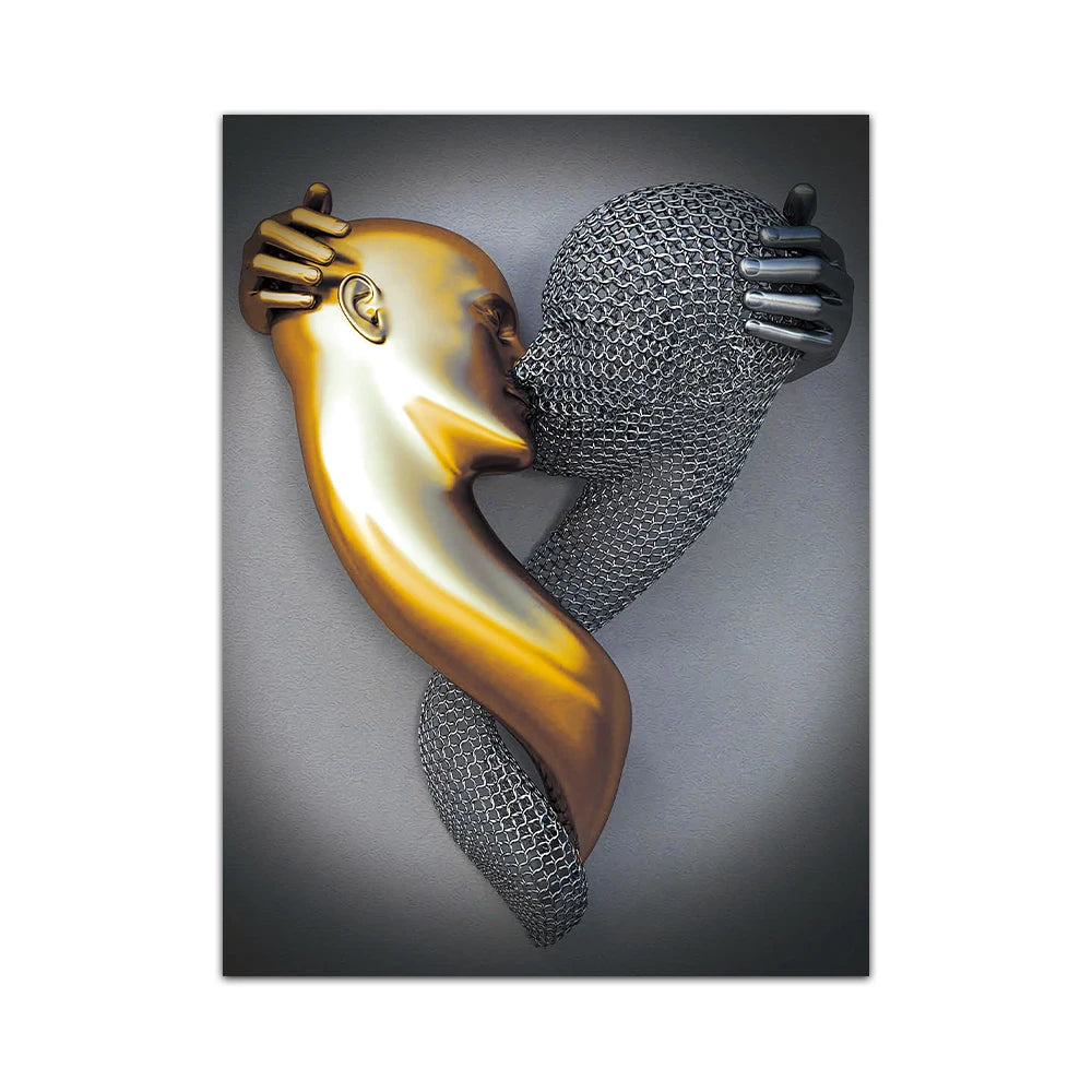 Metal Figure Golden Statue Art Canvas Painting Romantic Abstract Lovers Posters and Prints Wall Pictures Modern Home Decor Gifts Peaceful Pleasures Health and Wellness QP10729 50x75cm No Frame