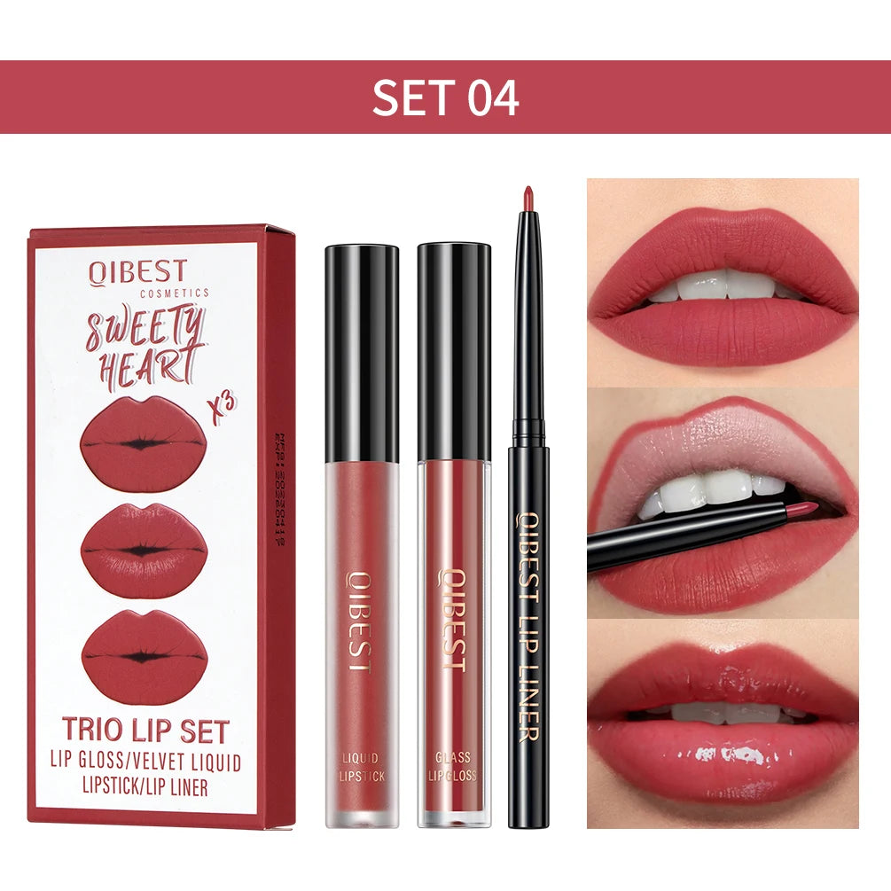 QIBEST Hots 3pcs Liquid Lipstick And Lip Liner Makeup Sets Nude Velvet Lip Gloss Lip Tint Lasting Black Lip Glaze Cosmetics Kits Peaceful Pleasures Health and Wellness SET 04