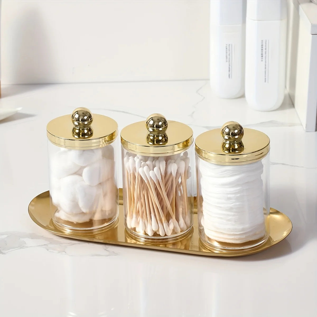 Apothecary Qtip Holder Bathroom Set with Vanity Tray – Acrylic Canister & Dispenser (2 or 3 Piece)