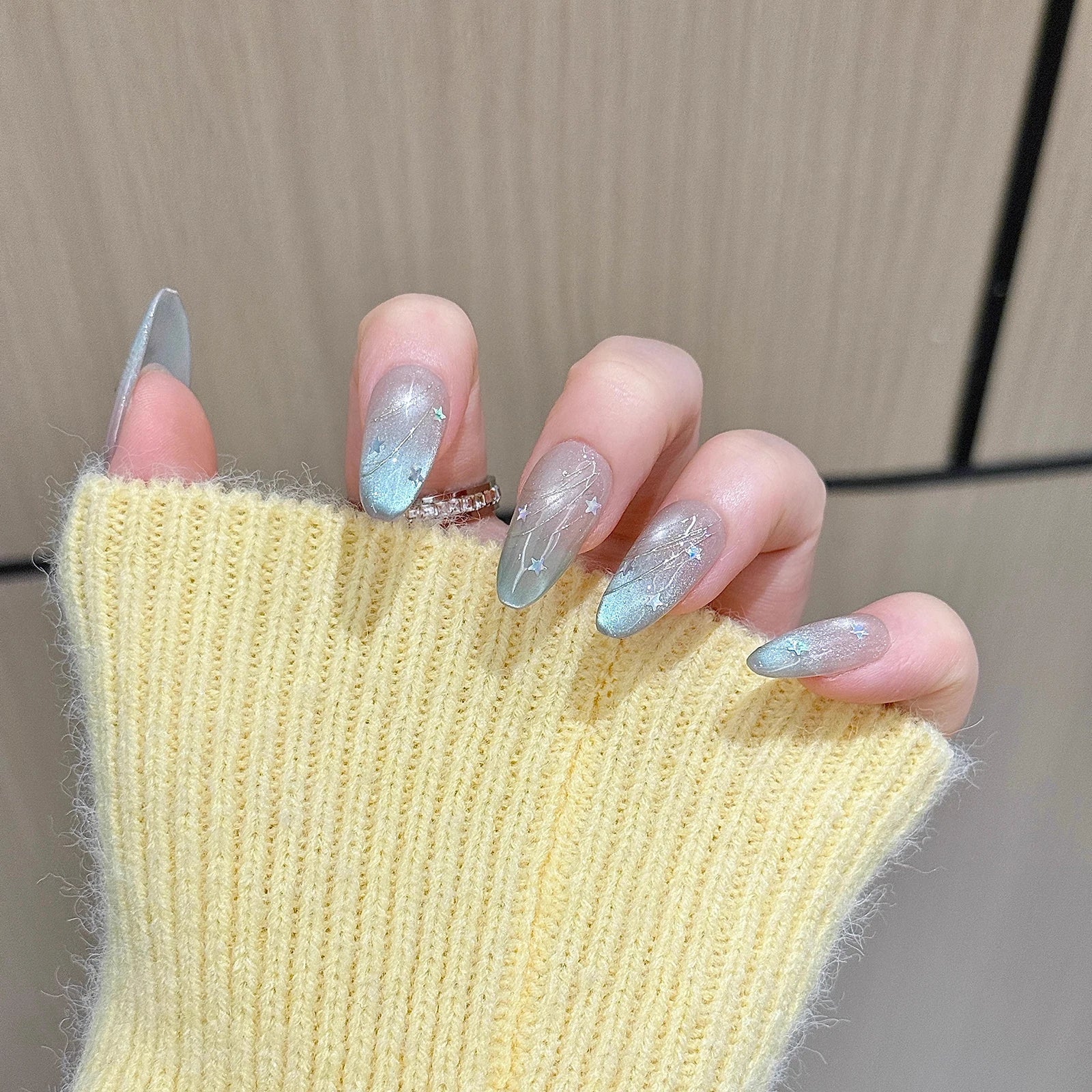10pcs Handmade Almond Tip Press on Nails Temperament Laser Star Design Fake Nails Detachable Blue Gradient Cat's Eye False Nails Peaceful Pleasures Health and Wellness