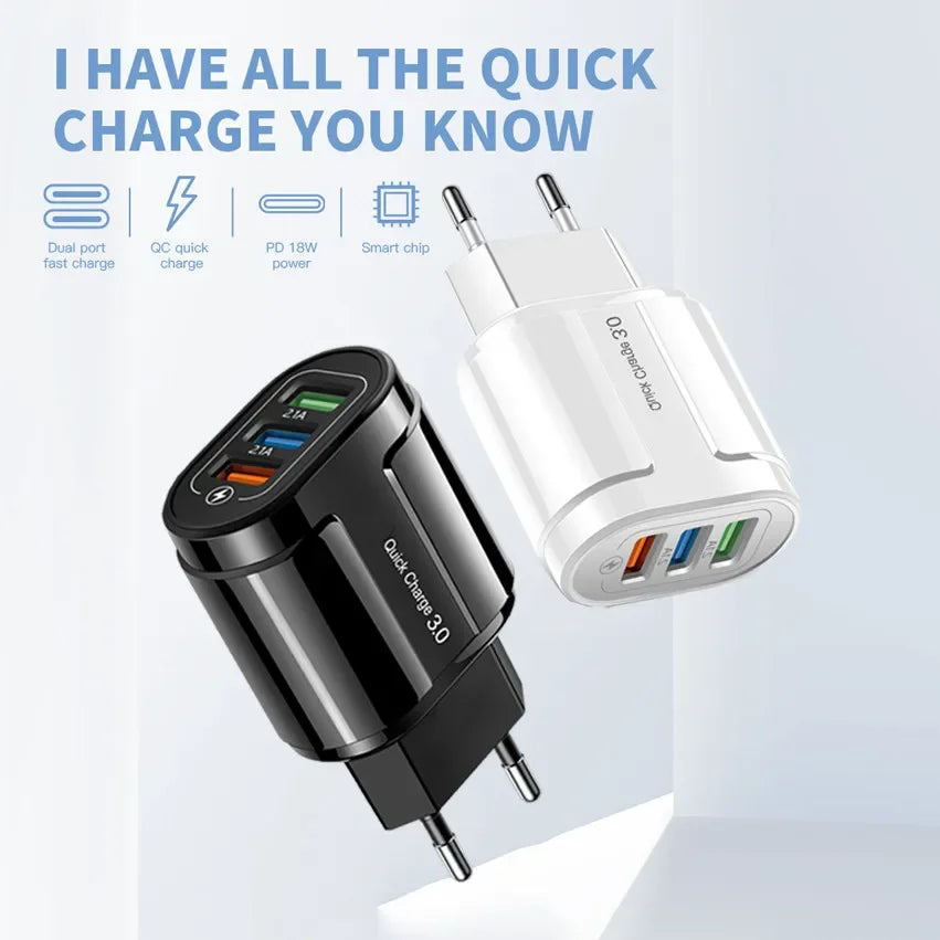 18W 3 Ports USB Charger Quick Charge 3.0 Charger Adapter EU US Plug for iPhone Samsung Xiaomi Huawei Multi Port Phone Charger Peaceful Pleasures Health and Wellness